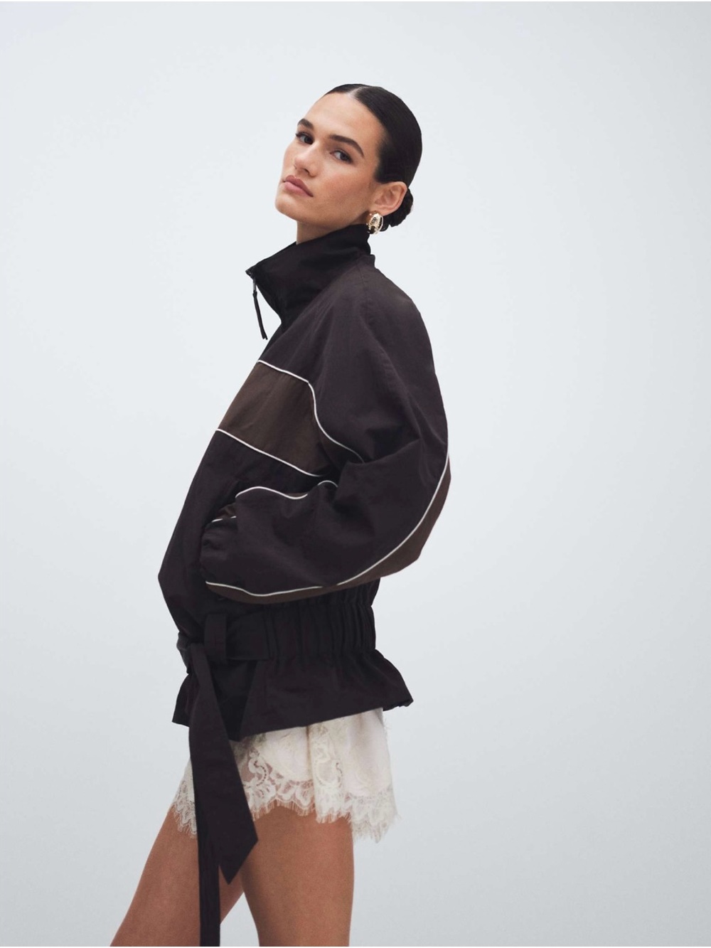 ASOS Funnel Neck Track Jacket Zip-Up w/ Belt Chocolate/Black - true size Small